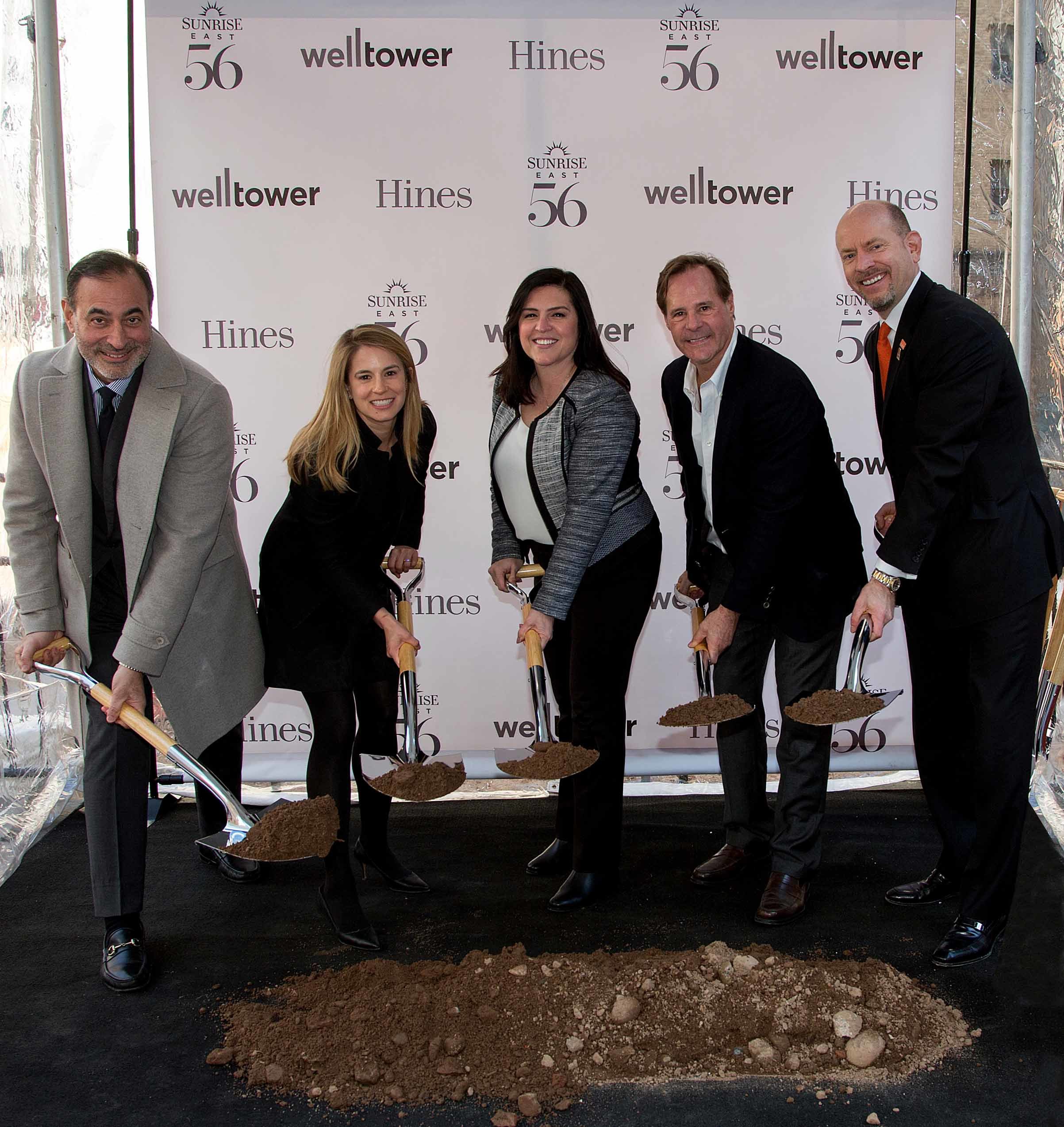 Pictured left to right: Tom DeRosa, CEO and director of Welltower; Sarah Hawkins, Hines managing director; Mercedes Kerr, executive vice president of Welltower; Tommy Craig, Hines senior managing director; and Chris Winkle, CEO of Sunrise Senior Living.