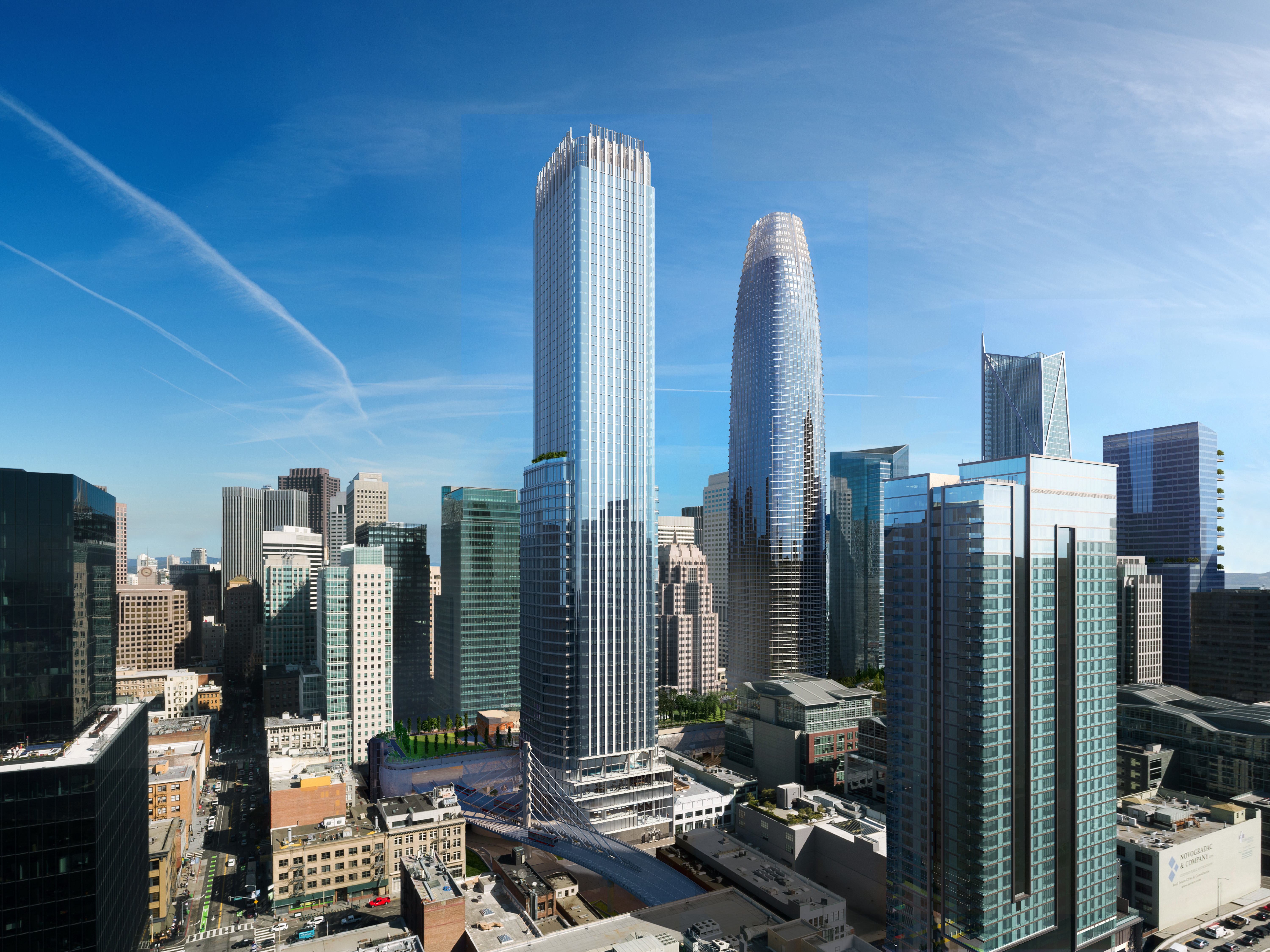 Updated rendering of Transbay Parcel F (left) next to the Salesforce Tower (right), courtesy of Pelli Clark Pelli and SteelBlue