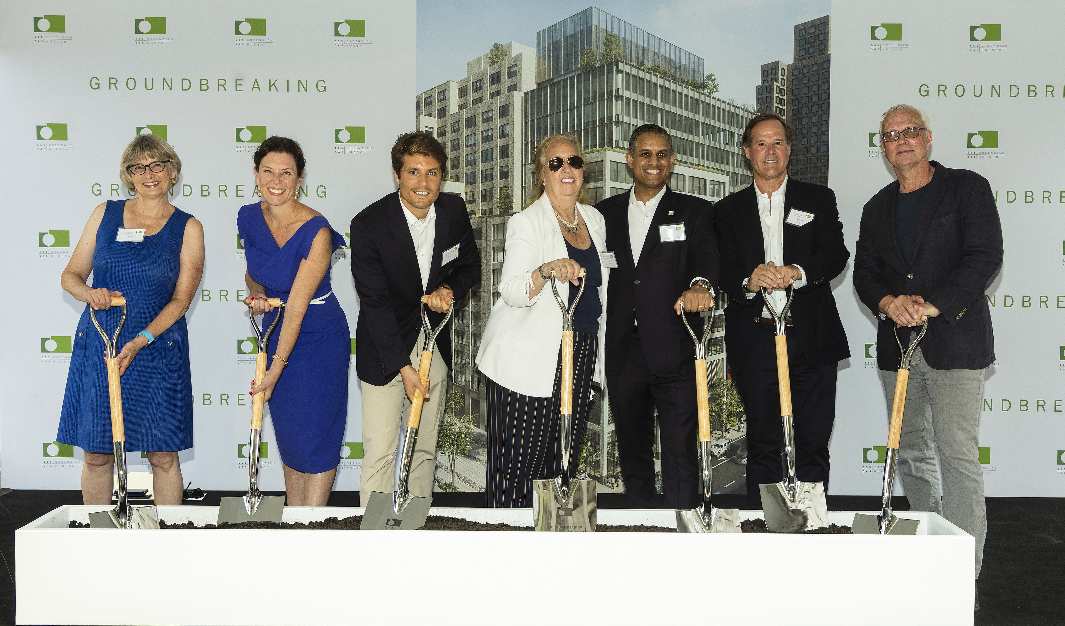 Group Groundbreaking – Shown, left to right, Vicki Been, New York City Deputy Mayor; Rachel Loeb, NYCEDC President and CEO; Mel Ruffini, executive vice president, AECOM Tishman; Gale Brewer, Manhattan Borough President; Sujohn Sarkar, Managing Director, Asset Management, Trinity Church Wall Street; Tommy Craig, Senior Managing Director of Hines; Rick Cook, Founding Partner of COOKFOX Architects.